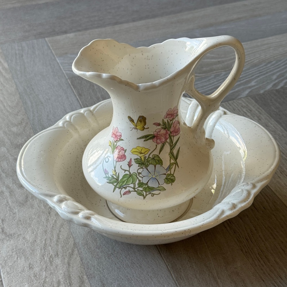Treasure Craft USA Ceramic Pitcher and Wash Basin Set Wildflower Butterfly Decor